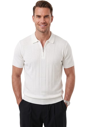 RizzUP Erkek Fermuarlı Beyaz Polo Yaka Triko Tişört Regular Fit Rahat Kesim 2604360