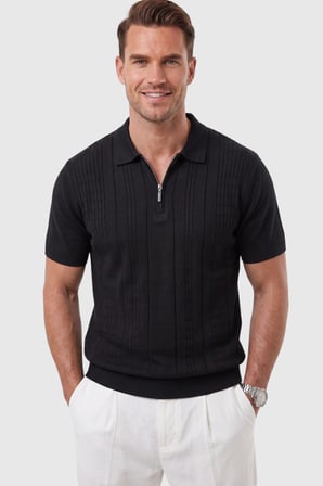 RizzUP Erkek Fermuarlı Siyah Polo Yaka Triko Tişört Regular Fit Rahat Kesim 2604360