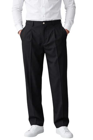 RizzUP Siyah Erkek Rahat Kalıp Tek Pileli Kumaş Pantolon Yanları Lastikli Esnek Smart Casual Pantolon 2600970