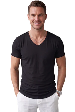 RizzUP Siyah Erkek Slim Fit Derin V Yaka Basic Tişört %90 Pamuk Likralı Asimetrik Kesim 2602265