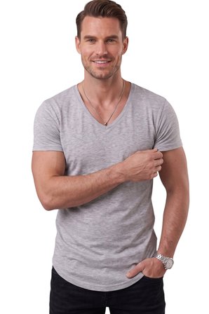 RizzUP Gri Erkek Slim Fit Derin V Yaka Basic Tişört %90 Pamuk Likralı Asimetrik Kesim 2602265