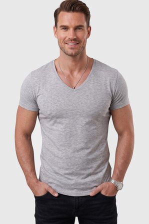 RizzUP Gri Erkek Slim Fit Derin V Yaka Basic Tişört %90 Pamuk Likralı Asimetrik Kesim 2602265