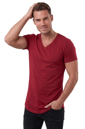 RizzUP Bordo Erkek Slim Fit Derin V Yaka Basic Tişört %90 Pamuk Likralı Asimetrik Kesim 2602265