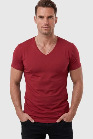 RizzUP Bordo Erkek Slim Fit Derin V Yaka Basic Tişört %90 Pamuk Likralı Asimetrik Kesim 2602265