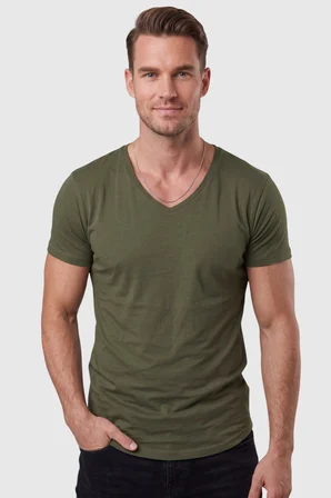 RizzUP Haki Erkek Slim Fit Derin V Yaka Basic Tişört %90 Pamuk Likralı Asimetrik Kesim 2602265