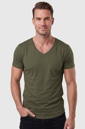 RizzUP Haki Erkek Slim Fit Derin V Yaka Basic Tişört %90 Pamuk Likralı Asimetrik Kesim 2602265