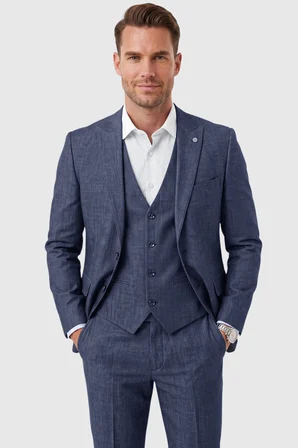 RizzUP Lacivert 3 Parça Slim Fit Yelekli Erkek Takım Elbise – Çift Yırtmaçlı Modern Kesim 2601631