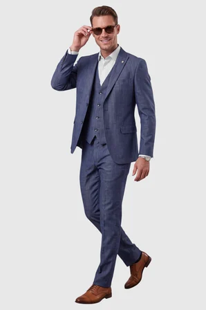 RizzUP Lacivert 3 Parça Slim Fit Yelekli Erkek Takım Elbise – Çift Yırtmaçlı Modern Kesim 2601631