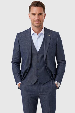 RizzUP Koyu Lacivert 3 Parça Slim Fit Yelekli Erkek Takım Elbise – Çift Yırtmaçlı Modern Kesim 2601631