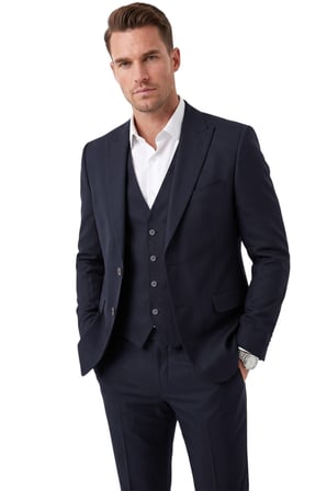 RizzUP Erkek Slim Fit Dar Kesim 3'lü Koyu Lacivert Takım Elbise Yelekli Çift Düğme Çift Yırtmaç Takım 2600509