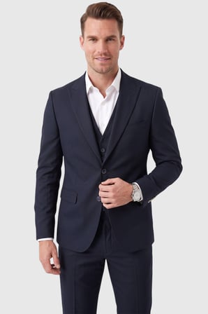 RizzUP Erkek Slim Fit Dar Kesim 3'lü Koyu Lacivert Takım Elbise Yelekli Çift Düğme Çift Yırtmaç Takım 2600509