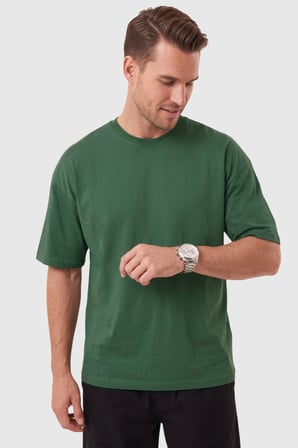 RizzUP Erkek %100 Pamuk Oversize Geniş Kesim Bisiklet Yaka Basic Yeşil Tişört 2604362