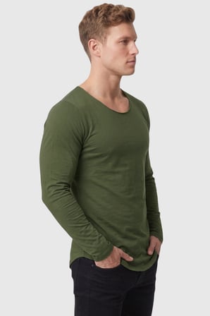 RizzUP Erkek Haki %95 Pamuk Slim Fit Kesik Açık Yaka Likralı Penye Sweatshirt Oval Kesim 2602299