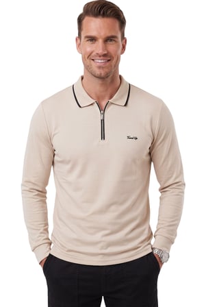 RizzUP Erkek Slim Fit Tüylenmeyen Fermuarlı Polo Yaka Bej Sweatshirt – Yumuşak Dokulu Sweat 2708517