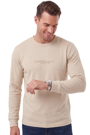 RizzUP Erkek Slim Fit Likralı Çizgi Dokulu Bej Sweatshirt – Bisiklet Yaka Nakışlı Spor Şık Sweat 2708518