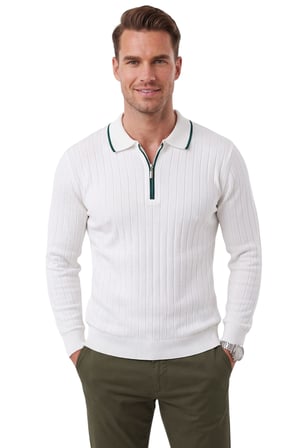 RizzUP Erkek Slim Fit Tüylenmeyen Çizgi Dokulu Beyaz Triko Kazak – Fermuarlı Polo Yaka 2700401