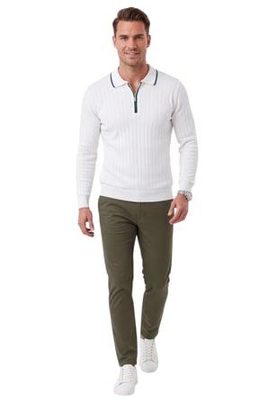 RizzUP Erkek Slim Fit Tüylenmeyen Çizgi Dokulu Beyaz Triko Kazak – Fermuarlı Polo Yaka 2700401