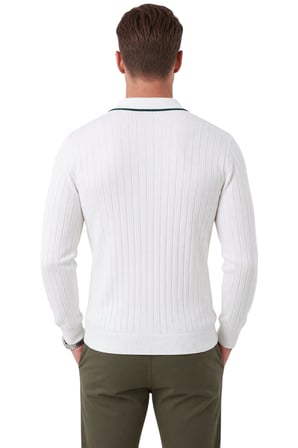 RizzUP Erkek Slim Fit Tüylenmeyen Çizgi Dokulu Beyaz Triko Kazak – Fermuarlı Polo Yaka 2700401