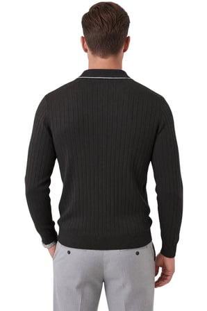 RizzUP Erkek Slim Fit Tüylenmeyen Çizgi Dokulu Siyah Triko Kazak – Fermuarlı Polo Yaka 2700401