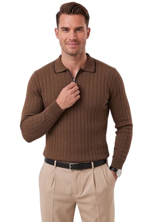 RizzUP Erkek Slim Fit Tüylenmeyen Çizgi Dokulu Kahve Triko Kazak – Fermuarlı Polo Yaka 2700401
