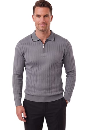 RizzUP Erkek Slim Fit Tüylenmeyen Çizgi Dokulu Füme Triko Kazak – Fermuarlı Polo Yaka 2700401