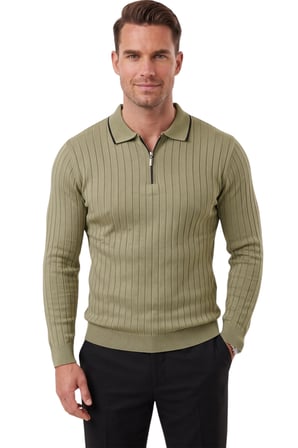 RizzUP Erkek Slim Fit Tüylenmeyen Çizgi Dokulu Haki Triko Kazak – Fermuarlı Polo Yaka 2700401