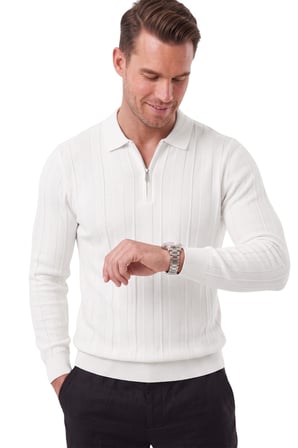 RizzUP Erkek Slim Fit Dokulu Beyaz Triko Kazak – Fermuarlı Polo Yaka Likralı Esnek 2708505