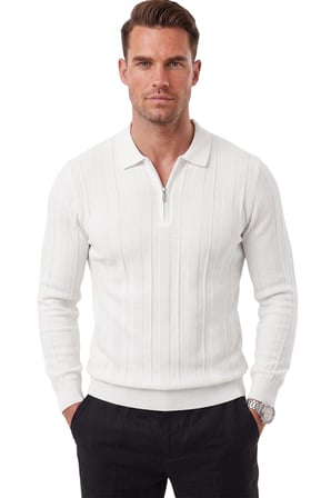 RizzUP Erkek Slim Fit Dokulu Beyaz Triko Kazak – Fermuarlı Polo Yaka Likralı Esnek 2708505