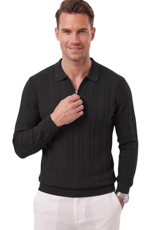 RizzUP Erkek Slim Fit Dokulu Siyah Triko Kazak – Fermuarlı Polo Yaka Likralı Esnek 2708505