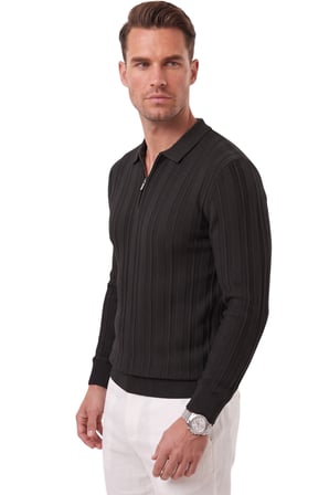 RizzUP Erkek Slim Fit Dokulu Siyah Triko Kazak – Fermuarlı Polo Yaka Likralı Esnek 2708505