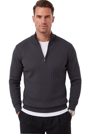 RizzUP Erkek Slim Fit Tüylenmeyen Füme Çizgi Dokulu Triko Kazak – Fermuarlı Dik Yaka Esnek 2708504