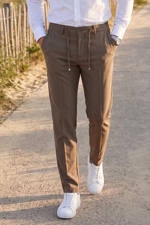 RizzUP Erkek Slim Fit Çizgili Kahve Kumaş Pantolon – İpli Esnek Bel Likralı Spor Pantolon 2700240