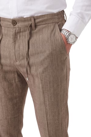 RizzUP Erkek Slim Fit Kırçıllı Açık Kahve Kumaş Pantolon – İpli Esnek Bel Likralı Spor Şık Pantolon 2700252
