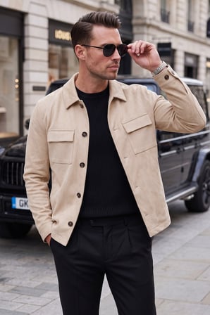 RizzUP Erkek Slim Fit Tüylenmeyen Kırışmayan Krem Süet Ceket – Astarlı Gömlek Yaka 2704503