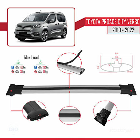 Toyota Proace City Verso 2019-2022 Arası ile Uyumlu FLY Model Ara Atkı Tavan Barı Gri 2 Adet