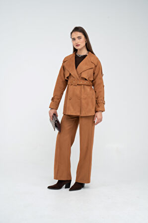 Kuşaklı Çift Düğmeli Süet Dokulu Kadın Takım 1761