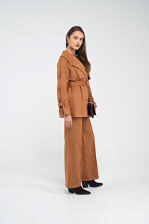 Kuşaklı Çift Düğmeli Süet Dokulu Kadın Takım 1761