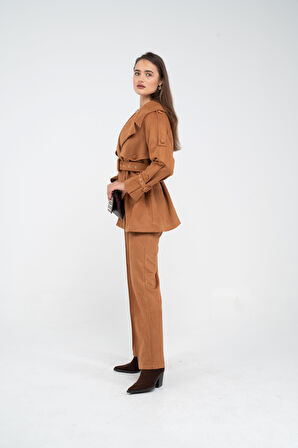 Kuşaklı Çift Düğmeli Süet Dokulu Kadın Takım 1761