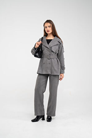 Kuşaklı Çift Düğmeli Süet Dokulu Kadın Takım 1761