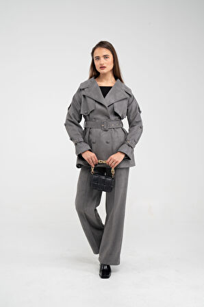 Kuşaklı Çift Düğmeli Süet Dokulu Kadın Takım 1761