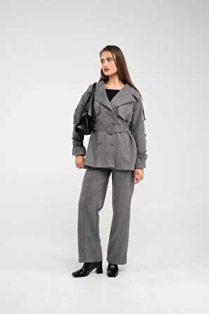 Kuşaklı Çift Düğmeli Süet Dokulu Kadın Takım 1761