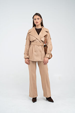 Kuşaklı Çift Düğmeli Süet Dokulu Kadın Takım 1761