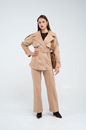 Kuşaklı Çift Düğmeli Süet Dokulu Kadın Takım 1761