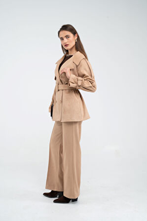 Kuşaklı Çift Düğmeli Süet Dokulu Kadın Takım 1761