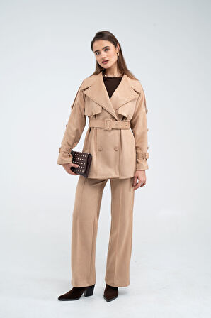 Kuşaklı Çift Düğmeli Süet Dokulu Kadın Takım 1761