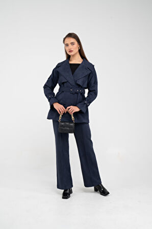 Kuşaklı Çift Düğmeli Süet Dokulu Kadın Takım 1761