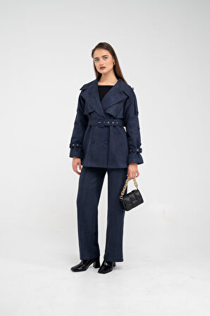 Kuşaklı Çift Düğmeli Süet Dokulu Kadın Takım 1761