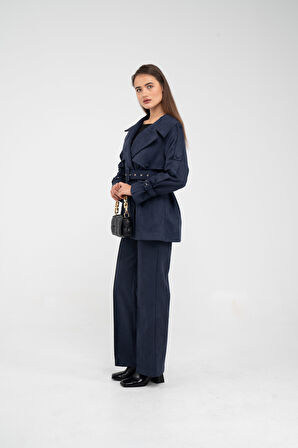 Kuşaklı Çift Düğmeli Süet Dokulu Kadın Takım 1761