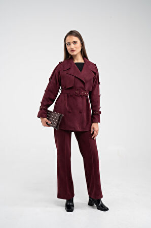 Kuşaklı Çift Düğmeli Süet Dokulu Kadın Takım 1761