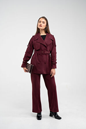 Kuşaklı Çift Düğmeli Süet Dokulu Kadın Takım 1761